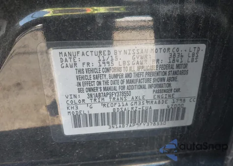 2015 Nissan Sentra Sr из США, поврежденный, VIN 3N1AB7AP9FY378550